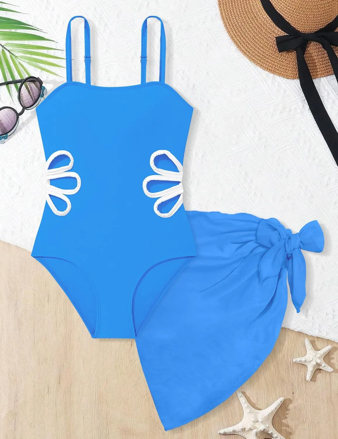 Girls Swimsuit, Adjustable Straps Cut Out One Piece Bathing Suit with Solid Color Cover Up Skirt Girls' Swimwear