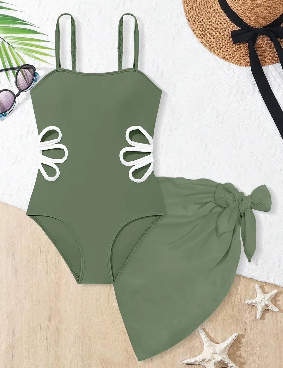Girls Swimsuit, Adjustable Straps Cut Out One Piece Bathing Suit with Solid Color Cover Up Skirt Girls' Swimwear