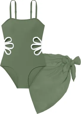 Girls Swimsuit, Adjustable Straps Cut Out One Piece Bathing Suit with Solid Color Cover Up Skirt Girls' Swimwear