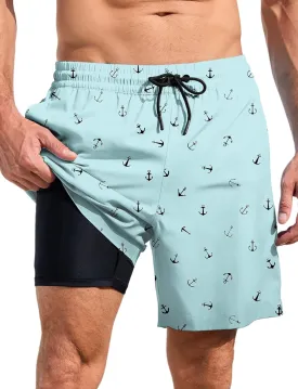 Lzzidou Men Swim Trunks with Compresssion Liner 7 Inch Inseam Board Shorts Bathing Suit with Zipper Pockets