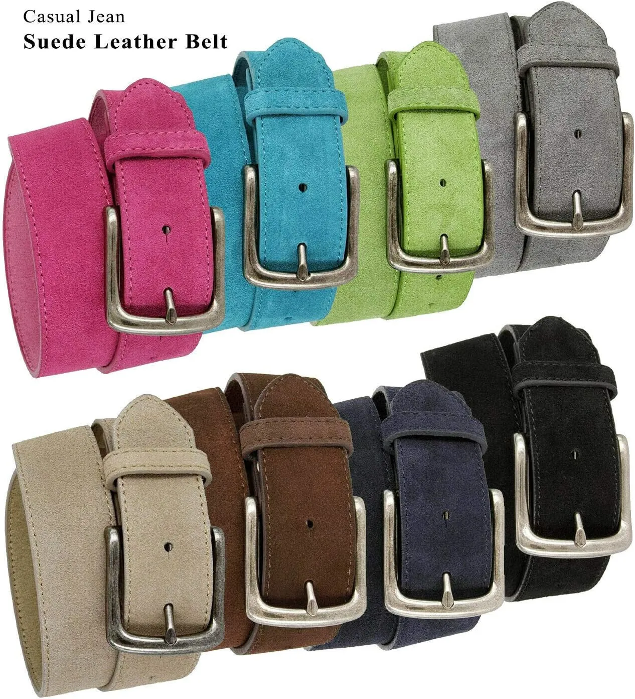 Men's Belt Rounded Edge Heel Bar Buckle Casual Jean Suede Leather Belt 1 1/2" Wide