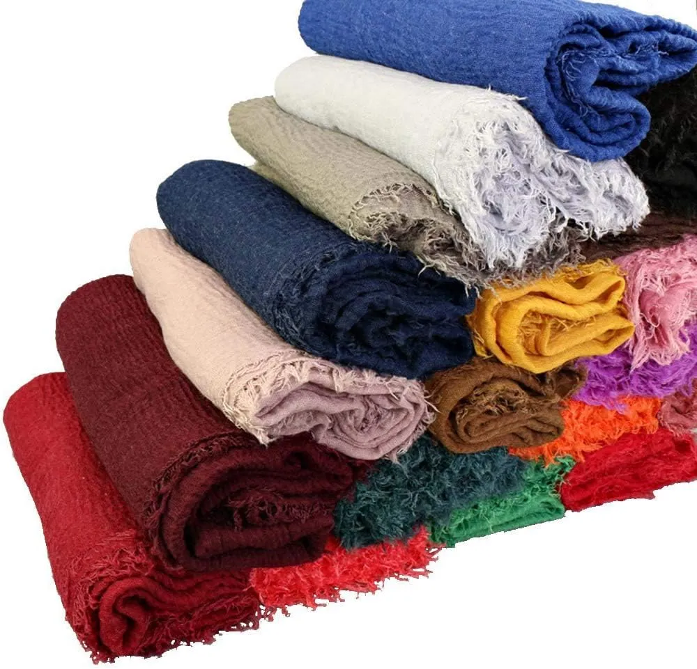 Summer Cotton Blend Crinkle Vintage Soft Scarf with Fringed Edges 35" ?? 70"